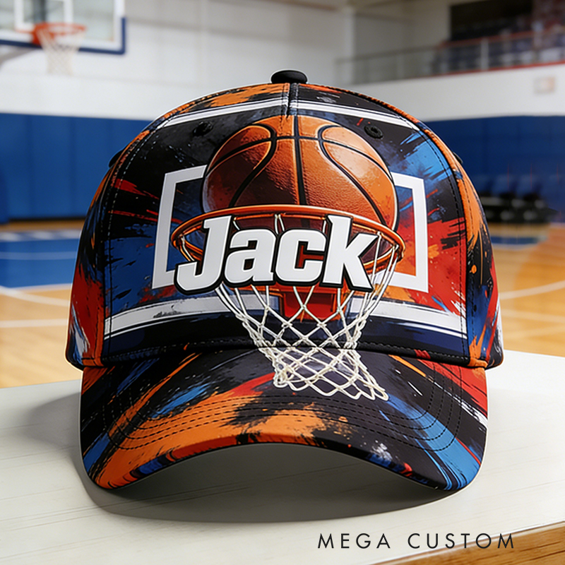 Personalized Basketball Hat with Custom Name and Dynamic Hoop Design for Basketball Enthusiasts