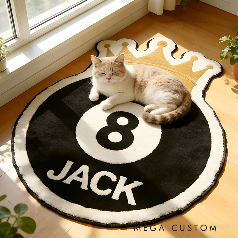 Personalized Billiards Rug with 8-Ball and Regal Crown Design and Custom Name for Pool Enthusiasts