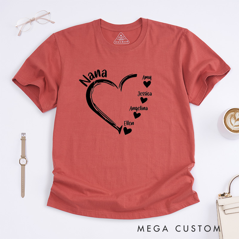 Personalized Nana T-Shirt Custom Heart Design Gift for Grandmother Mother's Day Birthday Comfortable Cotton Shirt for Women Unique Grandma