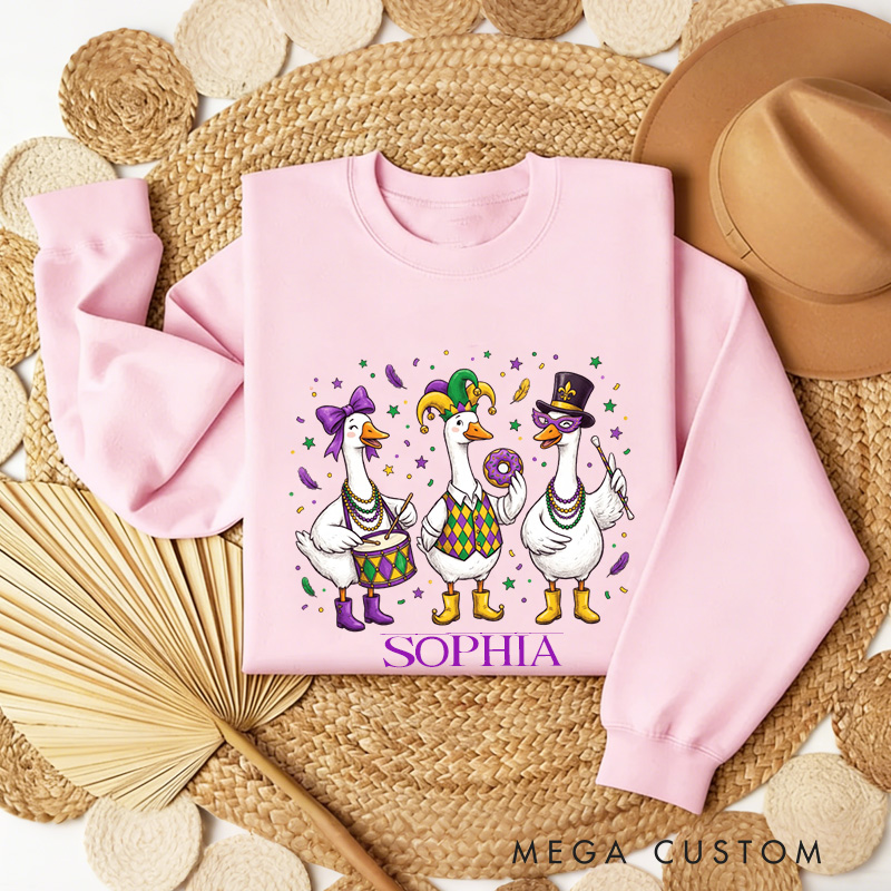 Personalized Mardi Gras Goose Sublimation Sweatshirt with Name Donut Goose Sweatshirt Carnival Coquette Shirt Gift for Baking Lover Him Her