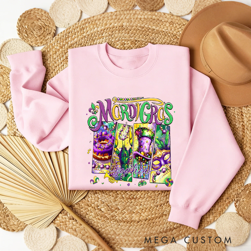 Personalized Mardi Gras Donut Sublimation Sweatshirt with Name King Cake Sweatshirt Carnival Coquette Shirt Gift for Baking Lover Him Her