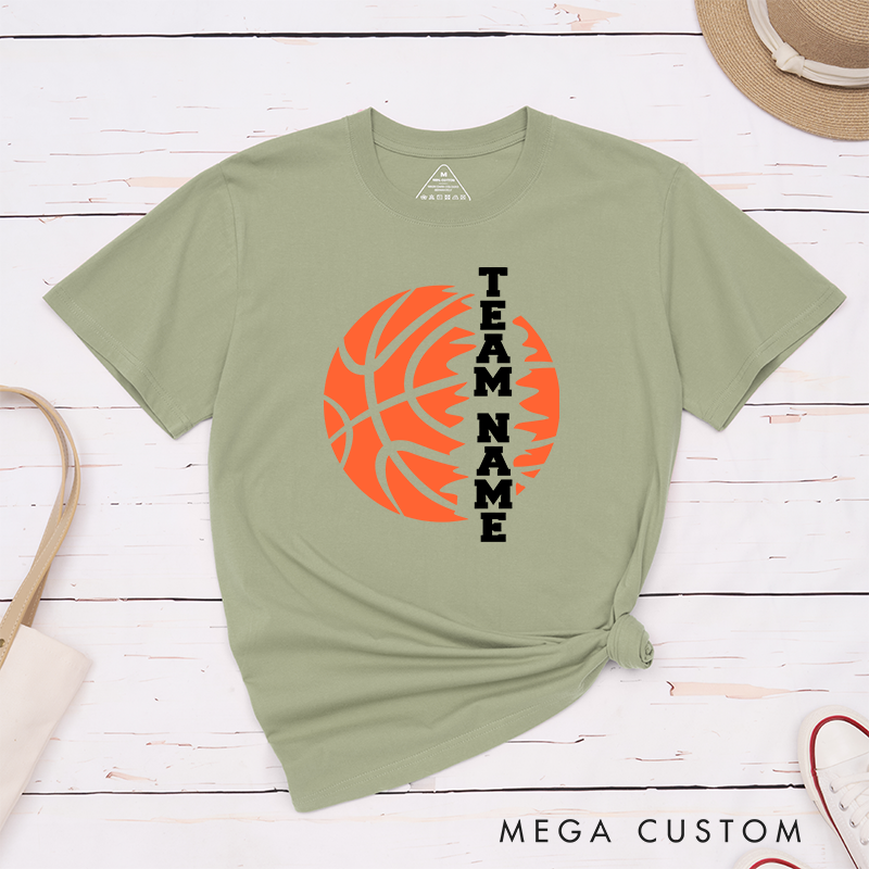 Personalized Basketball Team T-Shirt Design Featuring Custom Team Name Vertical Bold Text Flaming Orange Basketball Graphic