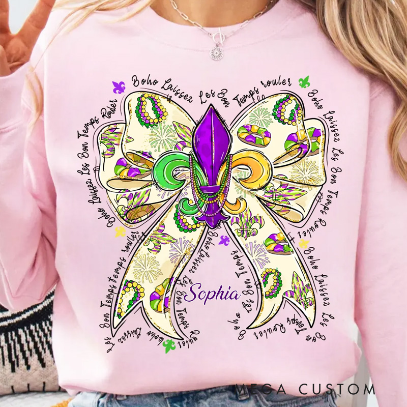 Personalized Mardi Gras Donut Bow Sweatshirt with Name Louisiana King Cake Sweatshirt Fat Tuesday Shirt Gift for Baking Lover Him Her Cake Lover