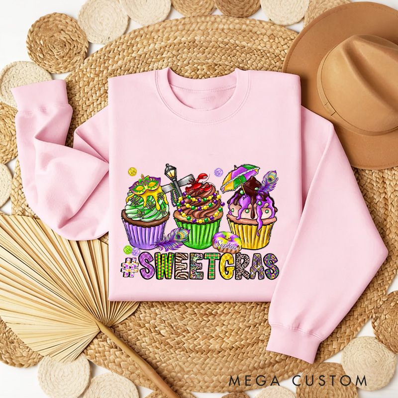 Personalized Sweet Mardi Gras Sweatshirt with Name Mardi Gras Cupcake Sweatshirt Fat Tuesday Shirt Gift for Baking Lover Him Her Cake Lover