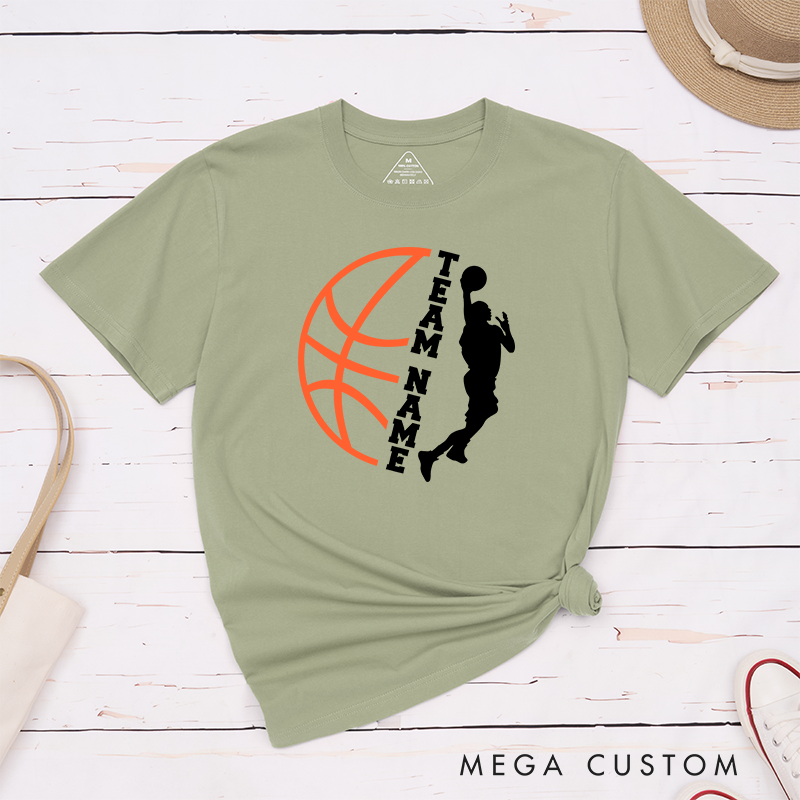 Personalized Basketball Team T-Shirt Design Featuring Custom Team Name Player Silhouette Bold Orange Basketball Graphic
