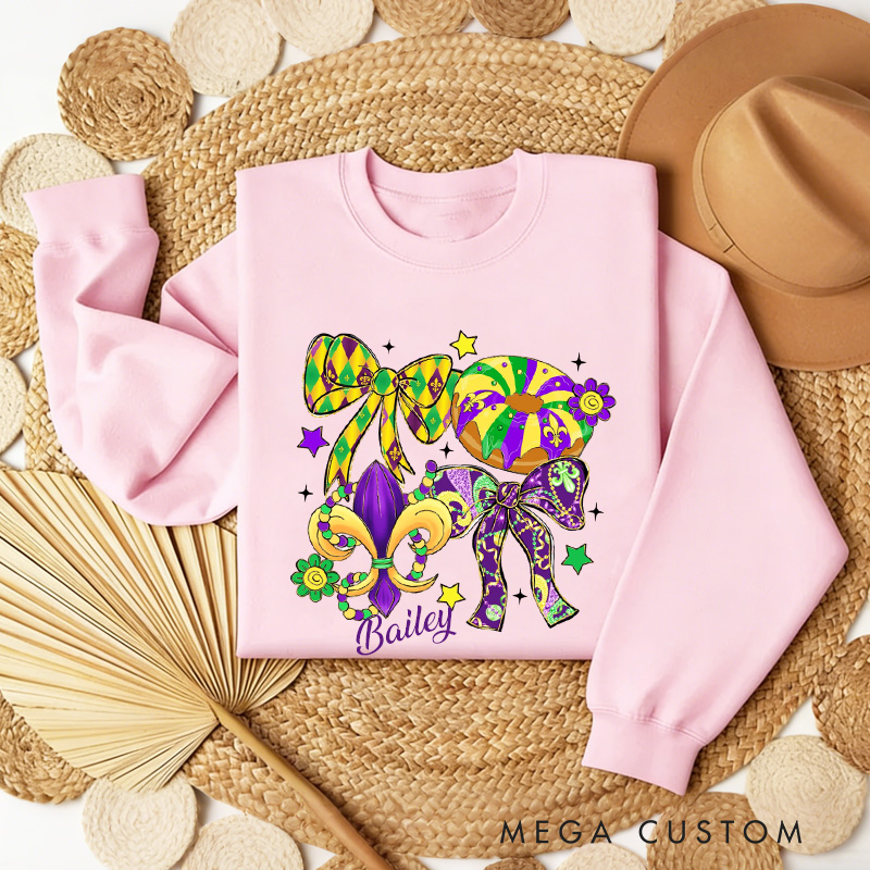 Personalized Mardi Gras Coquette Sweatshirt with Name Preppy Bow King Cake Coquette Sweatshirt Fat Tuesday Shirt Gift for Baking Lover Her Cake Lover