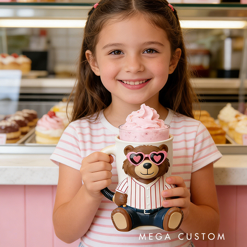 Personalized Baseball Mascot Bear Ice Cream Pint Holder with Adorable Heart Sunglasses 3D Printed with Spoon Slots & Snack Drawer for Baseball and Ice Cream Enthusiasts