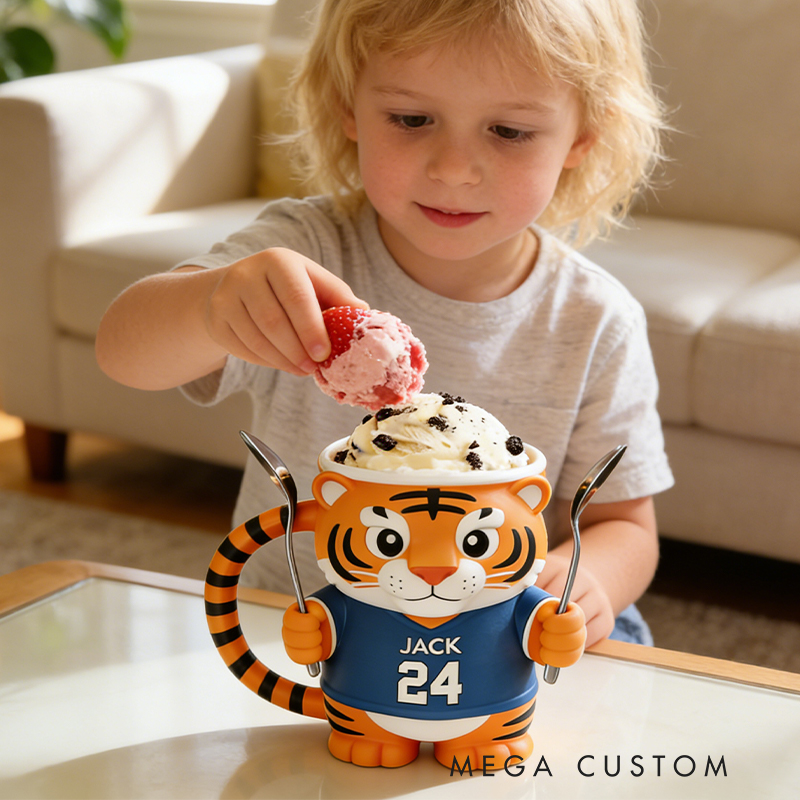 Personalized Tiger Baseball Mascot Ice Cream Pint Holder 3D Printed with Spoon Slots & Snack Drawer Custom Detail for Kids and Baseball Enthusiasts