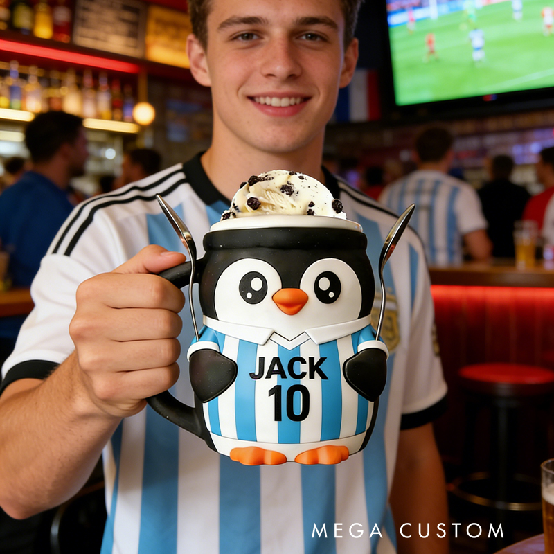 Personalized Soccer World Cup Penguin Ice Cream Pint Holder 3D Printed with Spoon Slots & Snack Drawer with Custom Details for Soccer Fans
