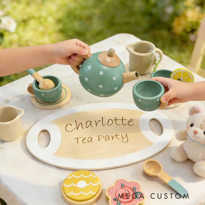 Personalized Kids Tea Party Set Custom Name Pretend Play Toy Adorable Wooden Tea Party Set for Creative Fun