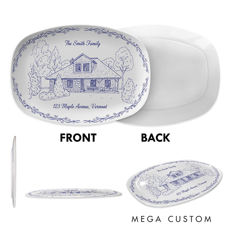 Personalized House Photo Platter Custom Chinoiserie Style Decor Plate New Home Gift Family Gift Housewarimg Gift 