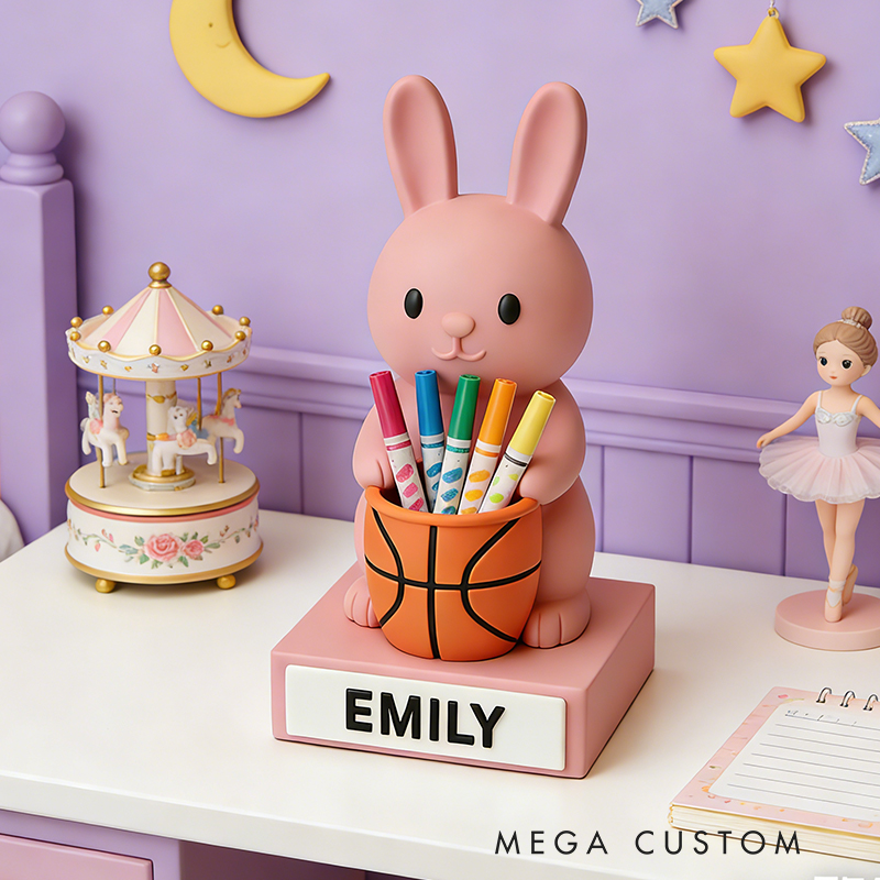Personalized Basketball Bunny 3D Printed Pen Holder with Custom Name for Kids and Students