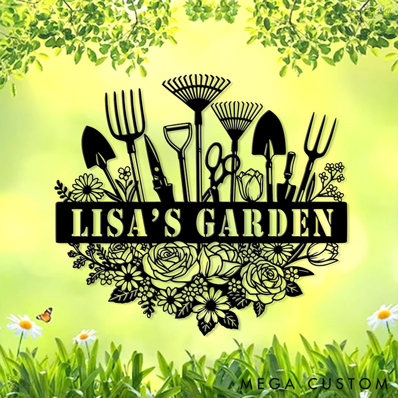 Personalized Custom Garden Sign with Tools Gift for Mom Garden Gift Outdoor Wall Art with Flower Decor for Garden Lover