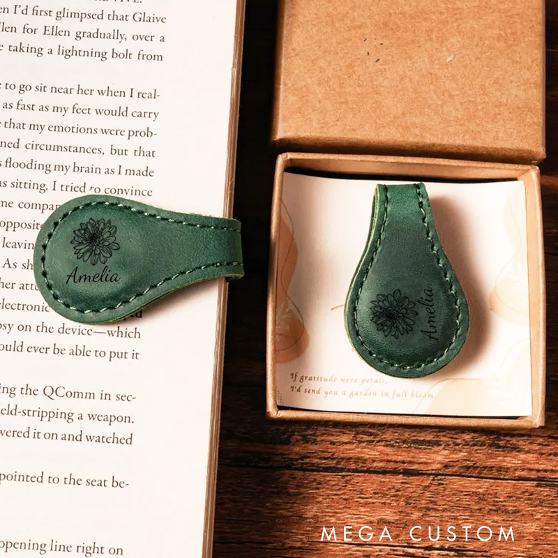 Personalized PU Leather Birth Flower Magnetic Bookmark Clip with Name Birthday Gift for Bookworm Book Lover