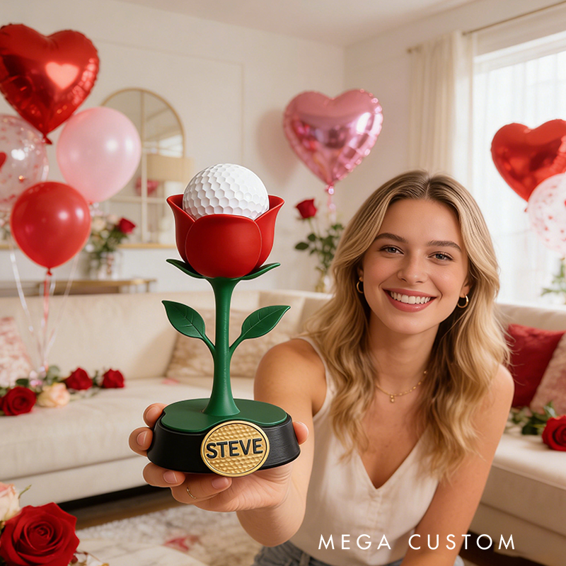 Personalized 3D Printed Rose Golf Ball Display Stand with Custom Name Valentine's Day Gifts 