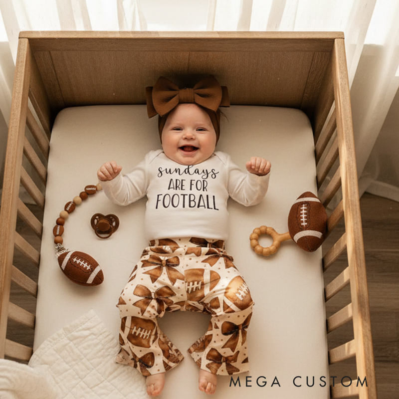 Football-Themed Baby Outfit Set Bell Bottoms Bodysuit & Bow for Game Day Style