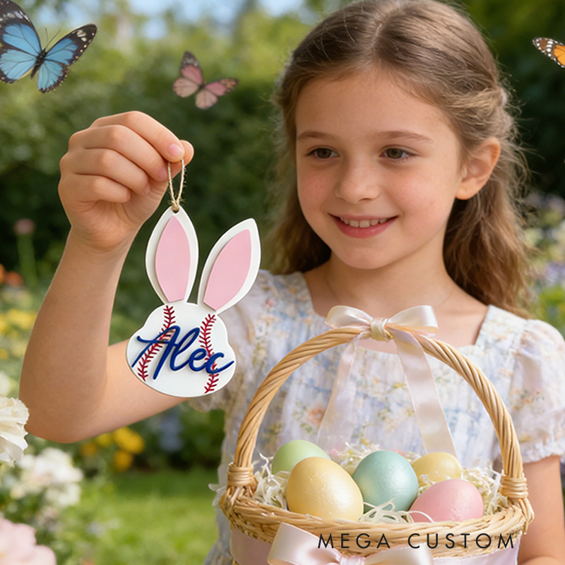 Personalized Baseball Easter Basket Tag Custom Name Bunny Label Gift for Kids on Easter Day