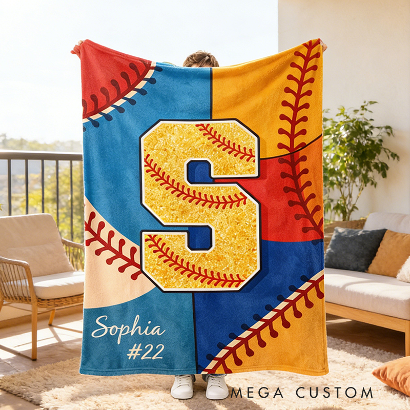 Personalized Glitter Softball Blanket with Name and Number for Baseball Girls