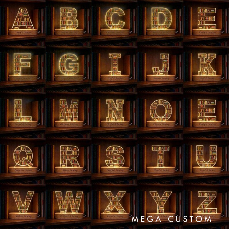 Personalized Initial Book Shelf LED Light Letter Bookcase Night Light with Name Library LED Lamp for Book Lover Bookworm Librarian Gift