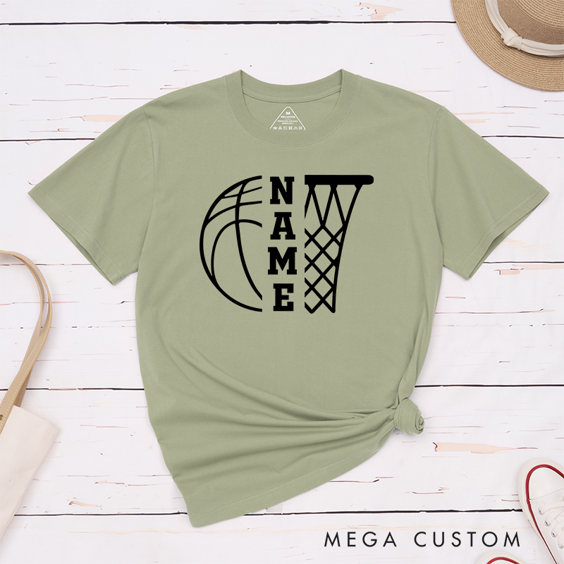 Personalized Basketball T-Shirt Design Featuring Basketball and Hoop Graphic with Vertical Customizable Name