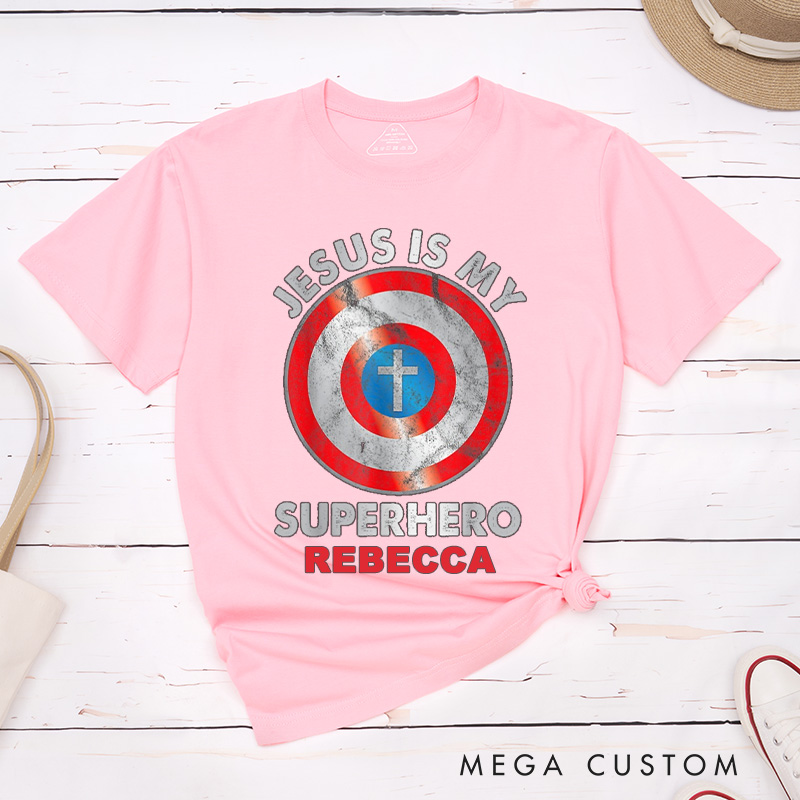 Personalized Jesus is My Superhero Cotton T-Shirt with Name Christian Unisex Classic T-Shirt Pastor Appreciation Gift Religious Gift for Jesus Lover