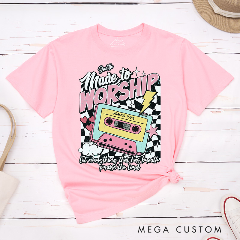 Personalized Made to Worship Cotton T-Shirt with Name Christian Psalm 150:6 Classic T-Shirt Retro Bible Verse Shirt Jesus Tee Christian Faith Gift