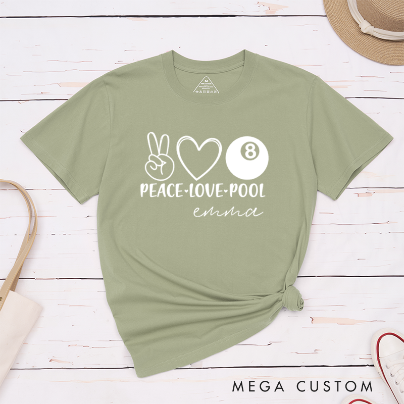 Personalized Peace Love Pool T-Shirts with Custom Your Name on the back - 8-ball Pool Team Shirt