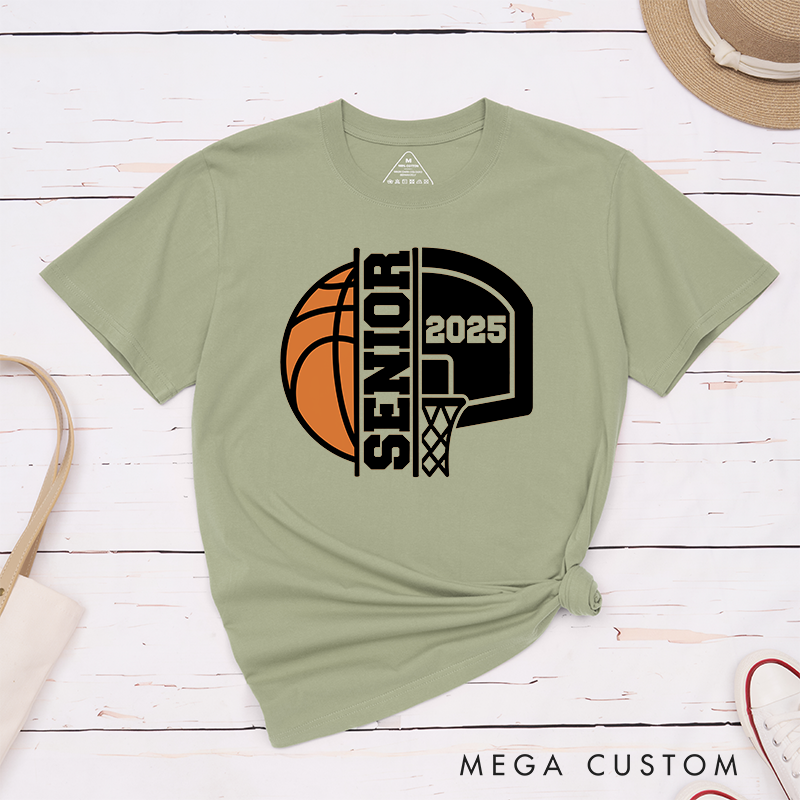 Personalized Basketball Graduation T-Shirt Design Featuring Custom Graduation Year Bold Vertical Text Dynamic Basketball and Hoop Graphics in a Classic School Spirit Style