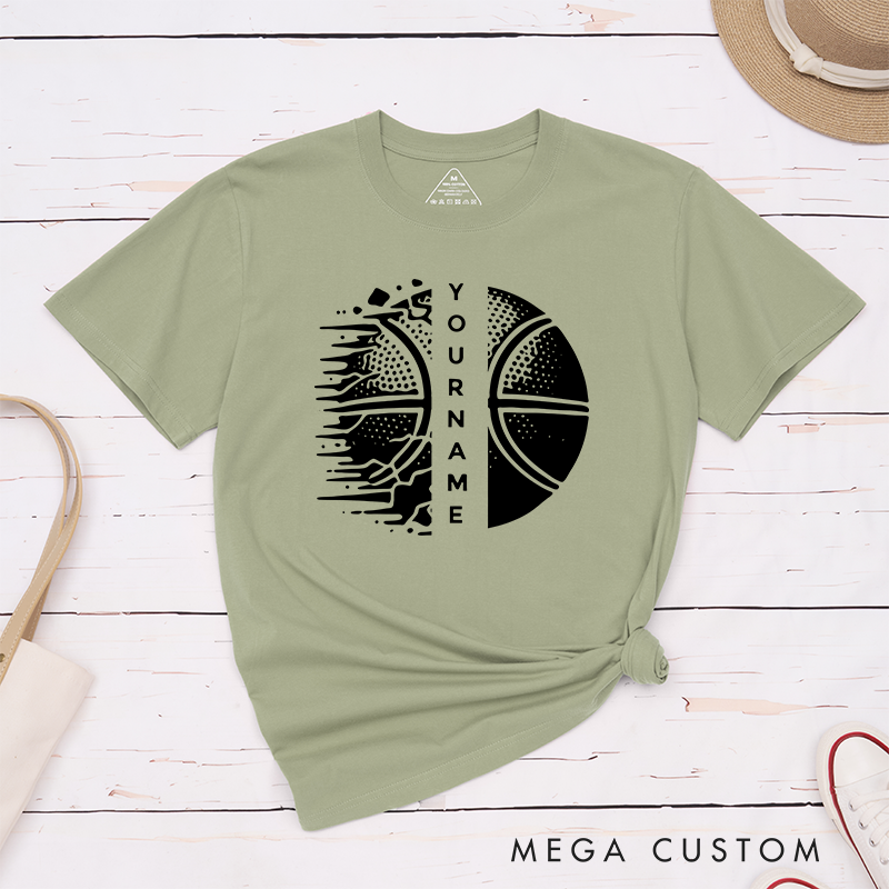 Personalized Basketball T-Shirt Design Featuring Custom Name Split Basketball Graphic with Dynamic Halftone and Shattered Effects