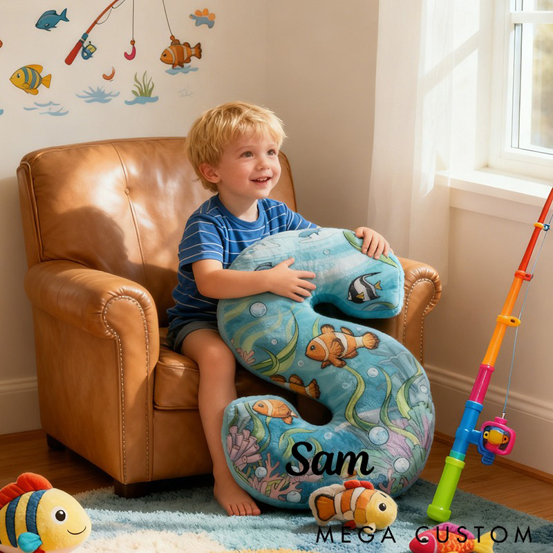 Personalized Ocean Themed Letter Pillow Funny fishing Pillow Custom Name Soft and Colorful Design with Fish Patterns Perfect for Kids and Fishing Lovers