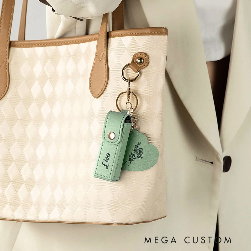 Personalized Line Flower Name Leather Lipstick Case Keychain with Heart-shaped Mirror Makeup Essentials Birthday Wedding Travel Gift for Women