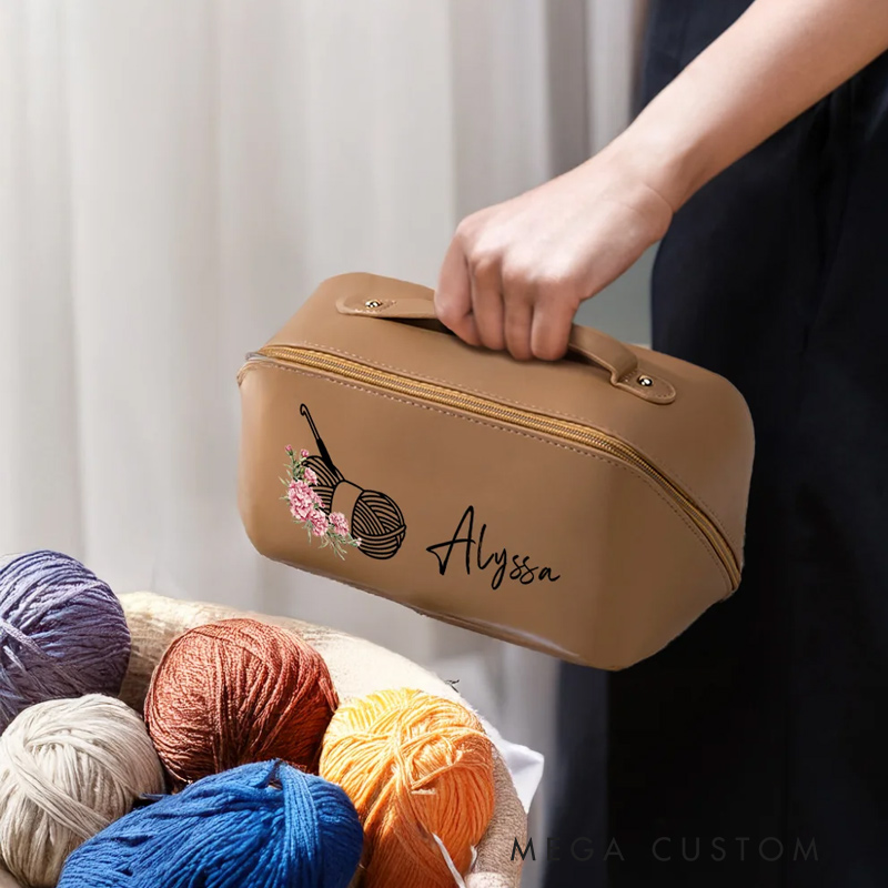 Personalized Birth Flower Crochet Wide Opening Leather Makeup Bag with Name Travel Accessories Birthday Wedding Gift for Bridesmaids Women
