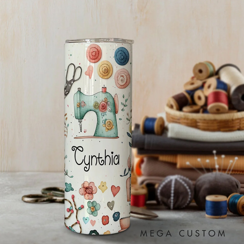 Personalized Sewing Theme Food Grade 20oz Skinny Tumbler with Lid and Straw Cleaning Brush Birthday Mother's Day Gift for Mother Sewing Lover