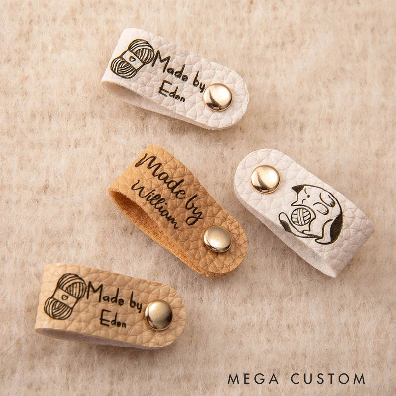 Personalized Set of 10 Made By Leather Crochet Knitted Tags Labels with Engraved Name Rivets Knitwear Accessories Gift for DIY Knitter Sewing Lovers