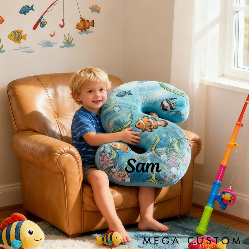 Personalized Ocean Themed Letter Pillow Funny fishing Pillow Custom Name Soft and Colorful Design with Fish Patterns Perfect for Kids and Fishing Lovers
