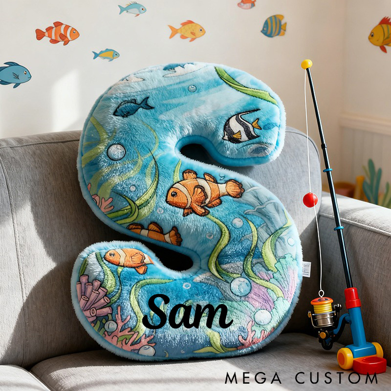 Personalized Ocean Themed Letter Pillow Funny fishing Pillow Custom Name Soft and Colorful Design with Fish Patterns Perfect for Kids and Fishing Lovers