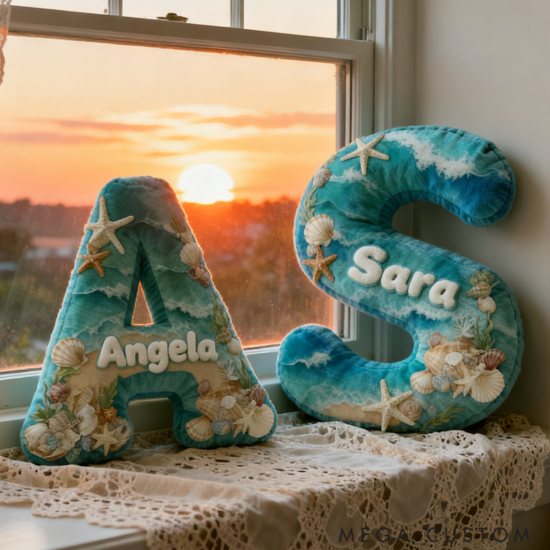 Personalized Seaglass Style Initial Pillow Custom Ocean Style Letter Pillow 3D Graphic Print Home Decor Throw Pillow for Girl Friend Beach Keepsake Pillow