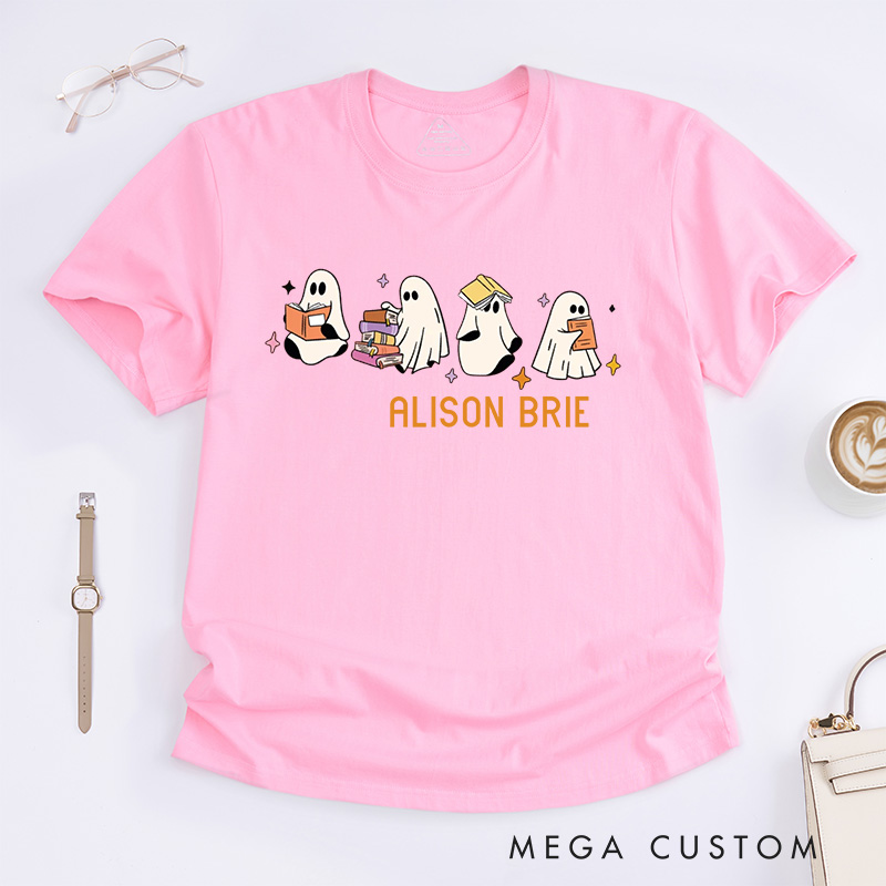 Personalized Ghosts Reading Books Classic T-Shirts Reading Fans Tee Cute Little Ghost Shirt Spooky Season Shirt Book Shirt Customized Name Shirt Gift for Books Lover