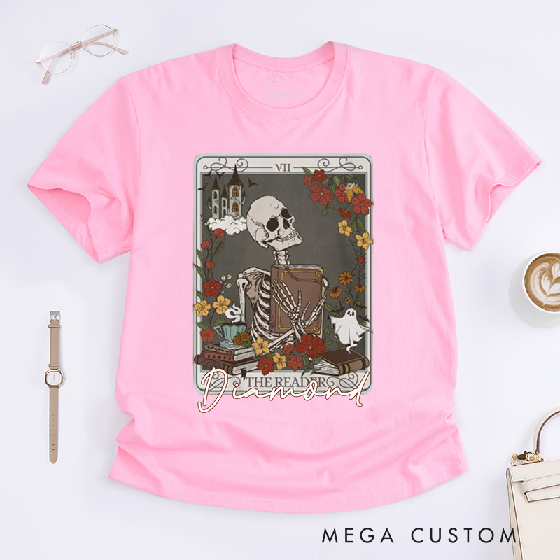 Personalized the Reader Tarot Card Crewneck Classic T-Shirts Skeleton Shirt Book Lover Shirt Bookish Shirt Librarian Shirt Reading Shirt