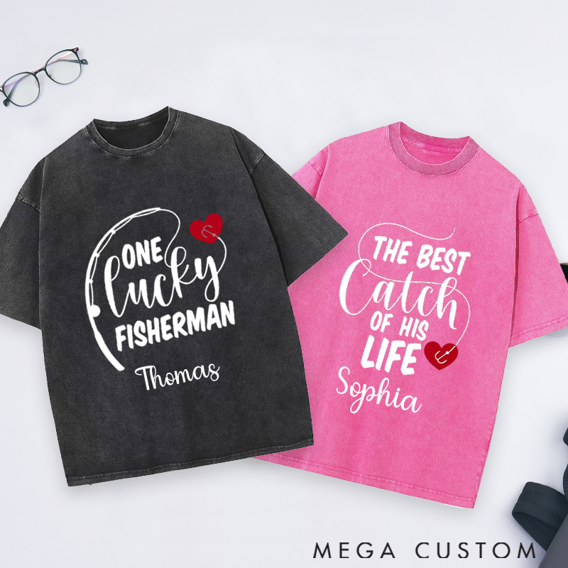 Personalized Couples Fishing T-Shirts Lucky Fisherman and Best Catch Design Custom Name Perfect Gift for Couple Husband Fishing Lovers and Outdoor Adventures
