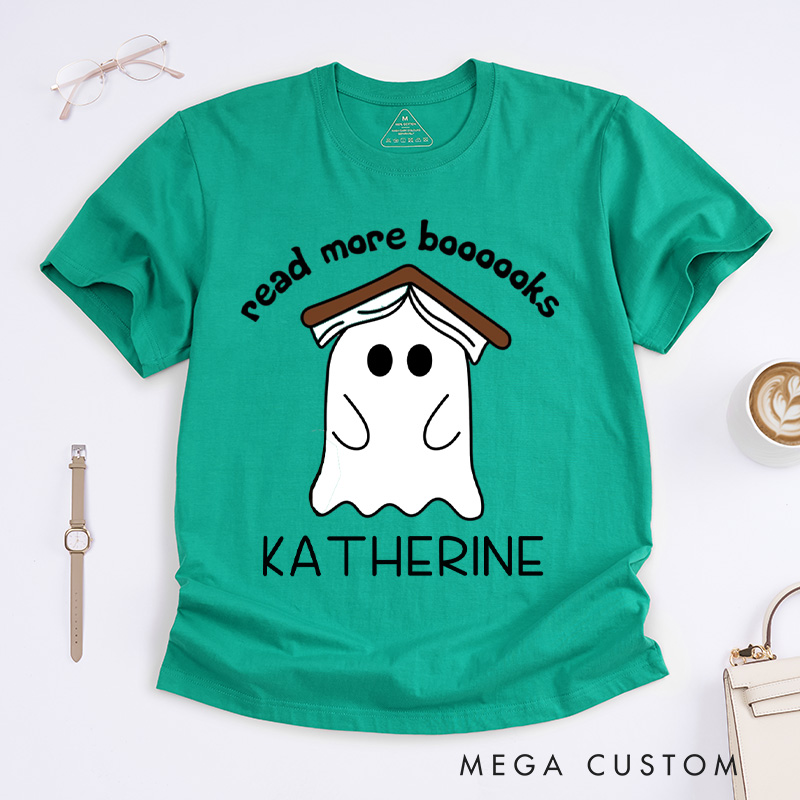 Personalized Ghost Book Classic T-Shirts Fall Spooky Season Tshirt Book Lover Shirt Cute Reading Ghost Shirt Halloween Gift Librarian Gift
