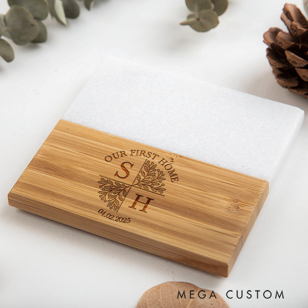 Personalized Coasters Custom Marble and Wood Coaster Stylish Housewarming Gift for New Beginnings Wedding Gift Our First Home for Couple