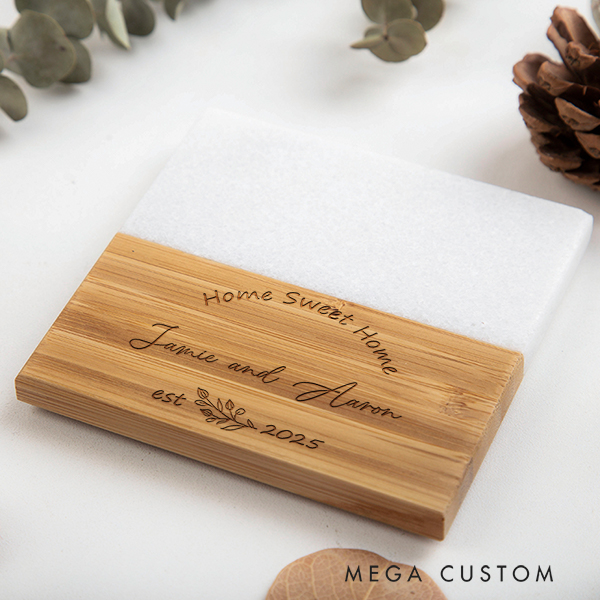 Personalized Coasters Wedding Housewarming Gift Custom Marble and Wood Coaster Home Sweet Home Coaste Celebrating New Beginnings