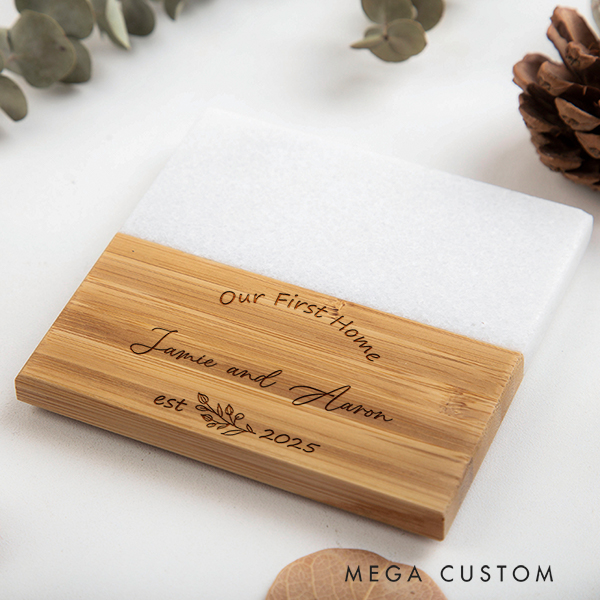 Personalized Marble and Wood Coaster Our First Home Coaster Wedding Housewarming Gift New Home Gift Our First Home for Couple Anniversary Gift