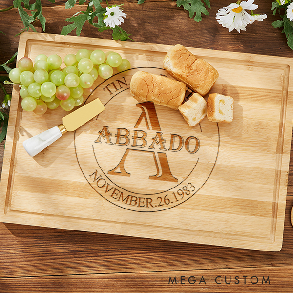 Personalized Cutting Board Wedding Housewarming Cutting Board Gift Custom Bamboo Charcuterie Board Real Estate Closing Gift Classic Monogram