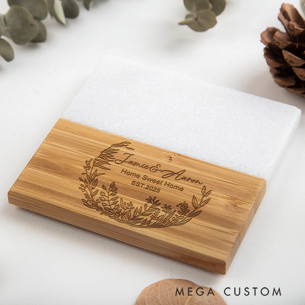 Personalized Marble and Wood Coaster Floral Wreath Home Sweet Home Coaster Wedding Housewarming Gift Couple Gift New Home Gift Valentines Gift