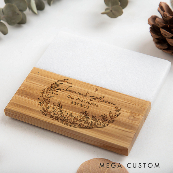 Personalized Coasters Custom Marble and Wood Coaster Floral Wreath Our First Home Coaster Wedding Housewarming Gift New Home Gift Anniversary Gift