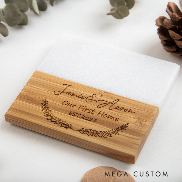 Personalized Coasters Custom Marble and Wood Coaster Our First Home for Couple Coasters Wedding Housewarming Gift New Home Gift Anniversary Gift