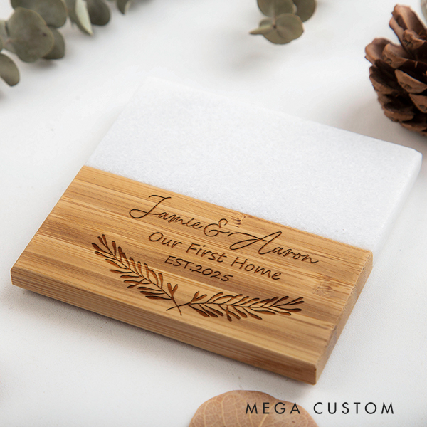 Personalized Coasters Custom Marble and Wood Coaster Our First Home Wreath Coaster for Couple Wedding Housewarming Gift New Home Gift Anniversary Gift