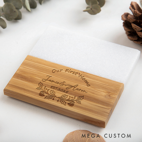 Personalized Wreath Coaster Custom Marble and Wood Coaster Our First Home for Couple Wedding Gift New Home Gift Elegant Keepsake for Housewarming